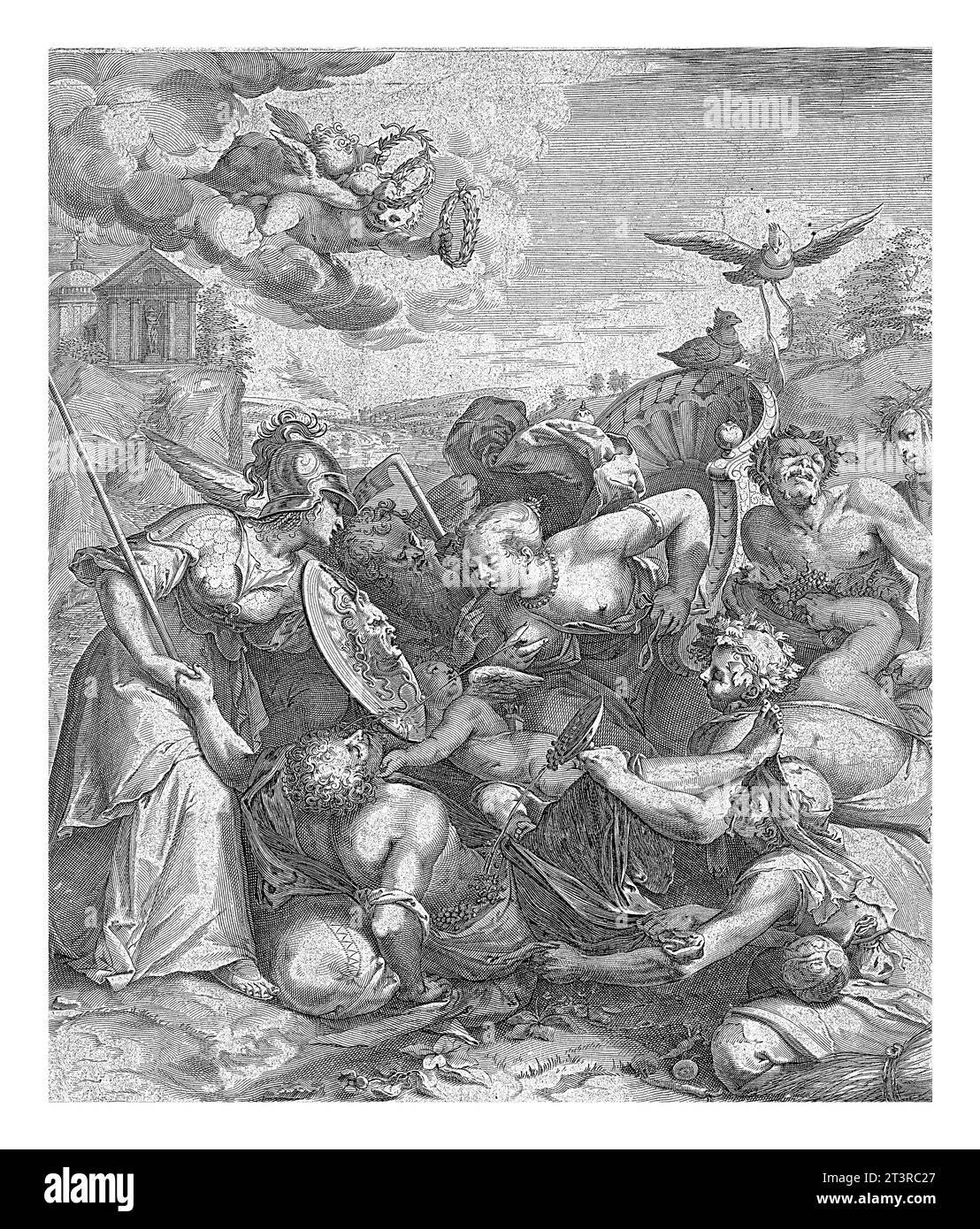 Minerva protège le Berger syphilis, Pieter Perret, d'après Otto van Veen, c. 1575 - c. 1625 représentation allégorique avec Minerva protégeant les s. Banque D'Images