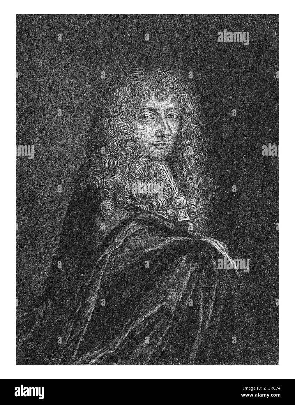 Portrait d'Antoine Masson, Jan van der Bruggen, 1681 - 1689 Portrait du graveur français Antoine Masson avec une longue perruque bouclée. Banque D'Images