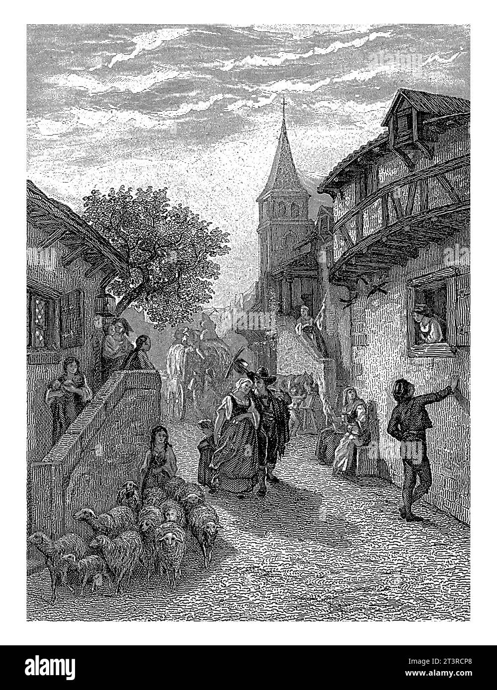 Vue du village avec une paysanne et paysanne, Johann Heinrich Maria Hubert Rennefeld, après Gustave Dore, 1871 dans une rue du village marcher un agriculteur et un Banque D'Images