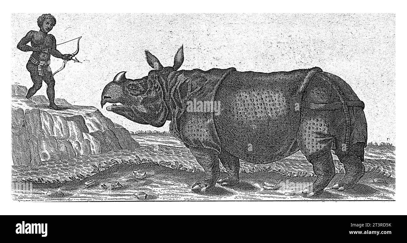 Le rhinocéros Clara, 1747, anonyme, d'après Anton August Beck, d'après Johann Friedrich Schmidt, 1747 le rhinocéros debout devant un paysage. Banque D'Images