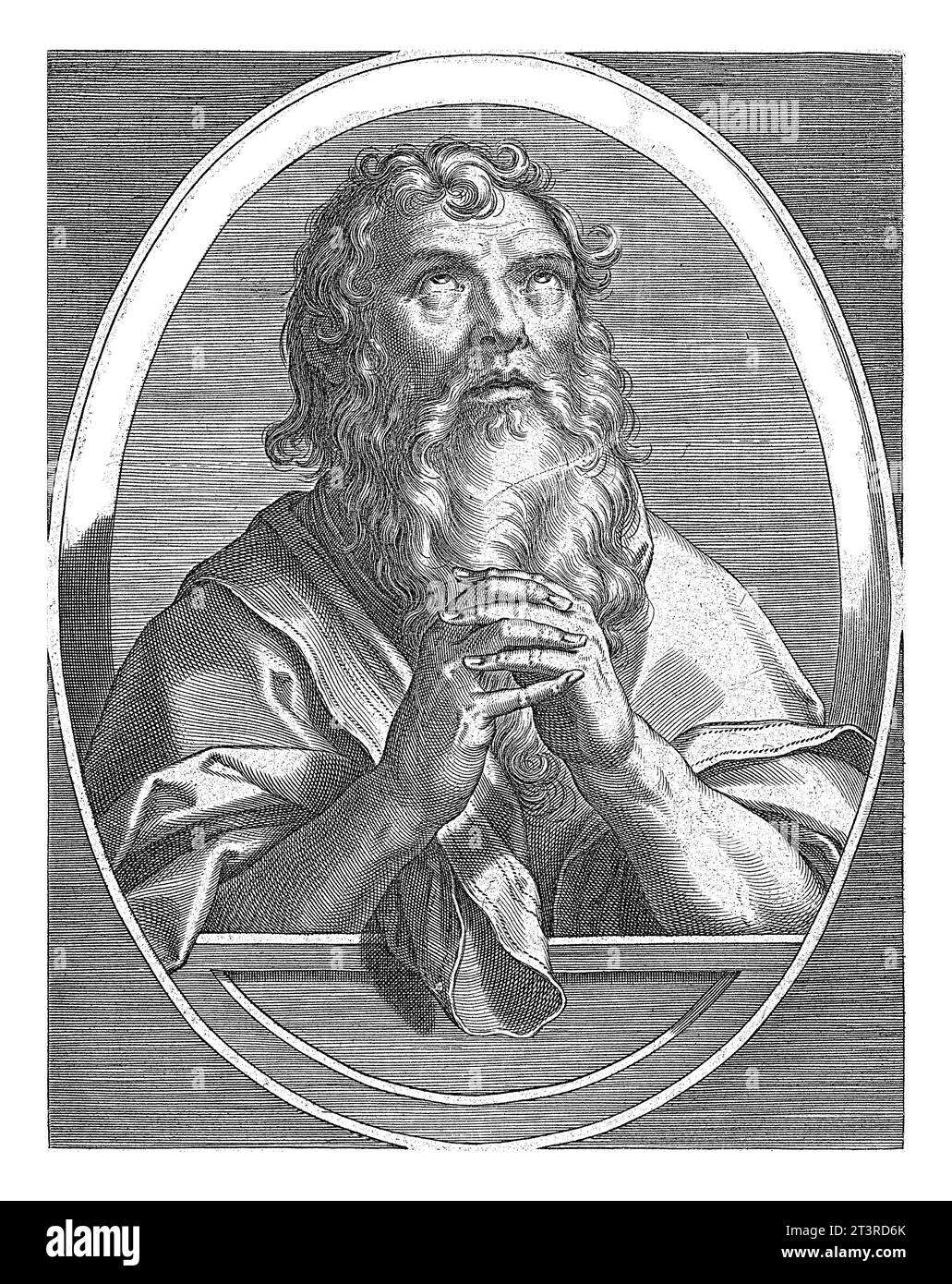 Jérémie, Cornelis Galle (I), d'après Jan van der Straet, 1613 le prophète Jérémie en ovale avec écriture latine. Il a plié ses mains dans la prière, Banque D'Images