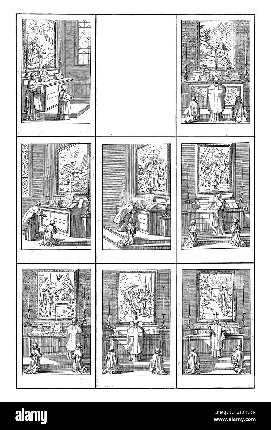 Cérémonies à la Messe, Bernard Picart (atelier de), d'après Sébastien Leclerc, 1722 feuille avec huit représentations représentant la cérémonie successive Banque D'Images