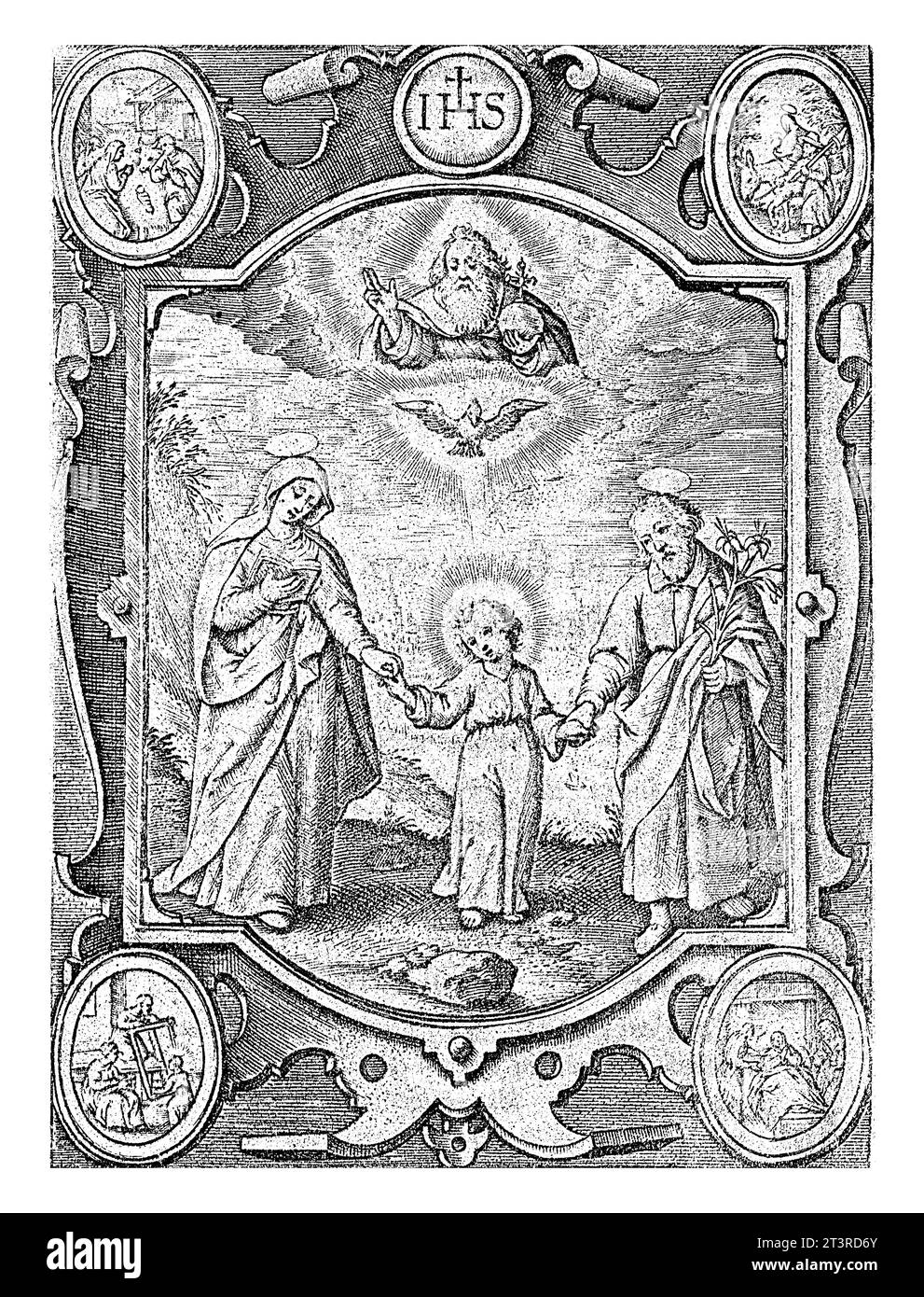 Trinité terrestre et céleste, Hieronymus Wierix, 1837 Paysage avec le Christ enfant, au milieu de Marie et Joseph. Banque D'Images