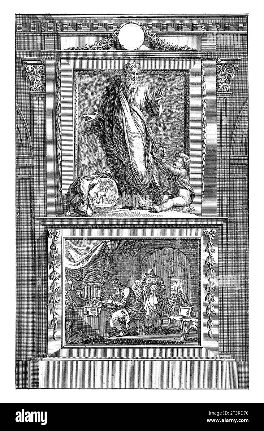 Église Père Tertullien de Carthage, Jan Luyken, d'après Jan Goeree, 1698 l'Église père Tertullien de Carthage regarde un ange lui offrant un lau Banque D'Images