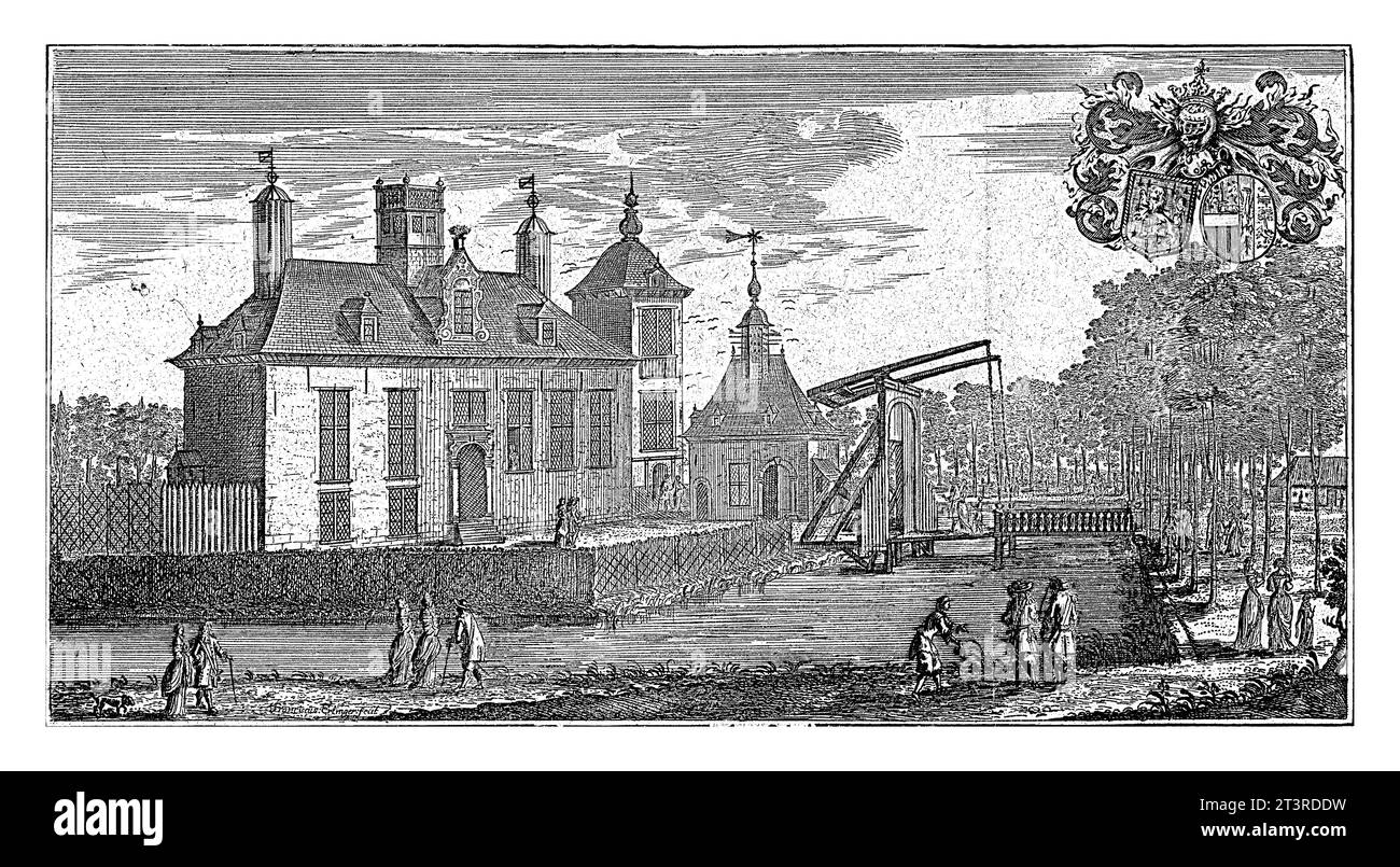 Kasteel ter Veeken, Franz Ertinger, 1697 vue d'un petit château avec un pont-levis. Au premier plan plusieurs promeneurs le long du front de mer. En haut à droite A. Banque D'Images