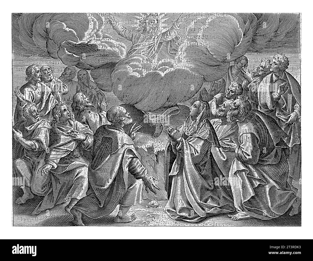 Ascension du Christ, Jan Collaert (II), après Maerten de vos, 1597 Christ est porté au ciel dans une nuée. Autour de lui se trouvent ses disciples et sa mère Banque D'Images