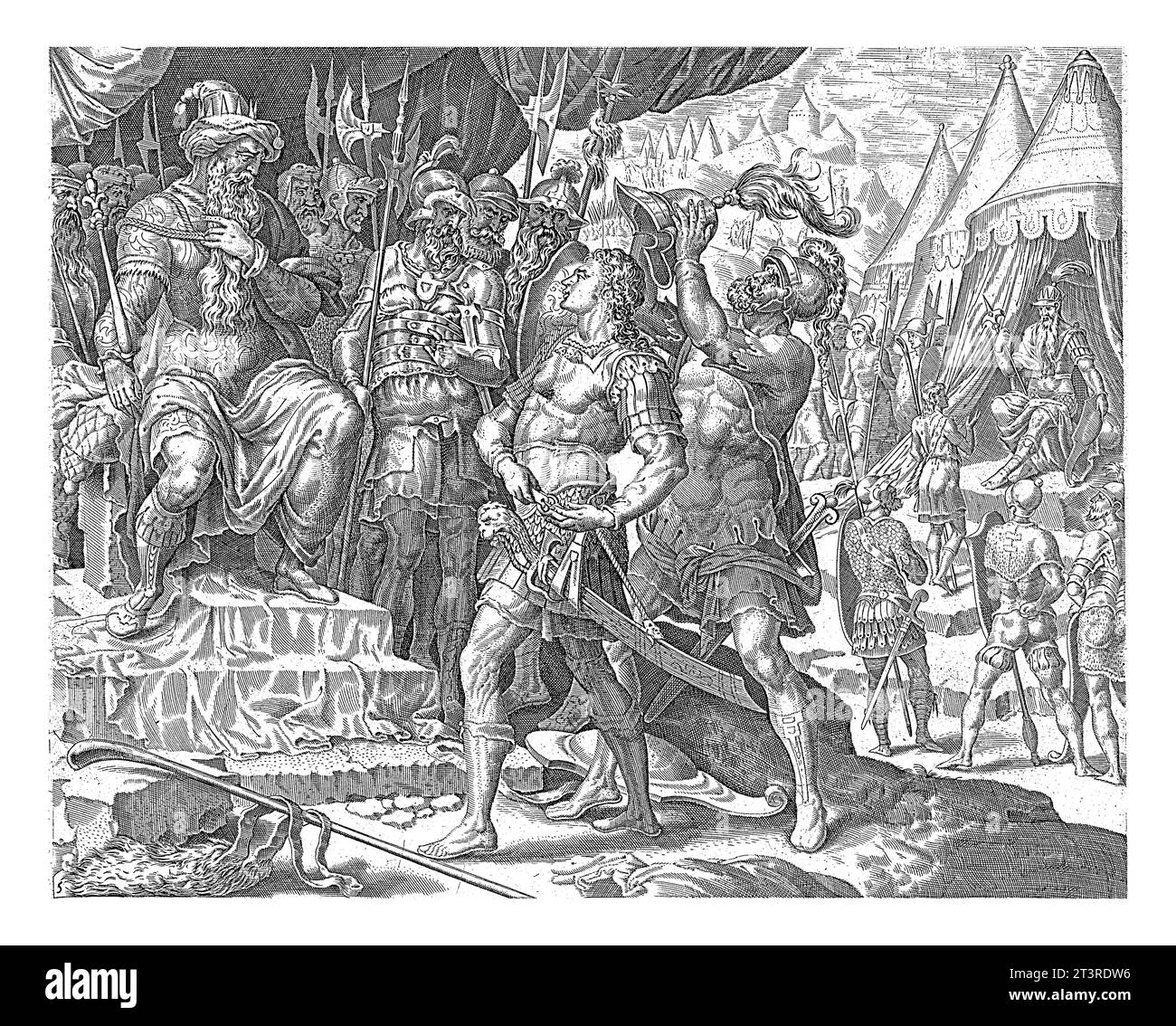 David reçoit l'armure, anonyme, après Maarten van Heemskerck, 1555 - 1633 David est reçu par Saul dans le camp de l'armée, où il dit qu'il wan Banque D'Images