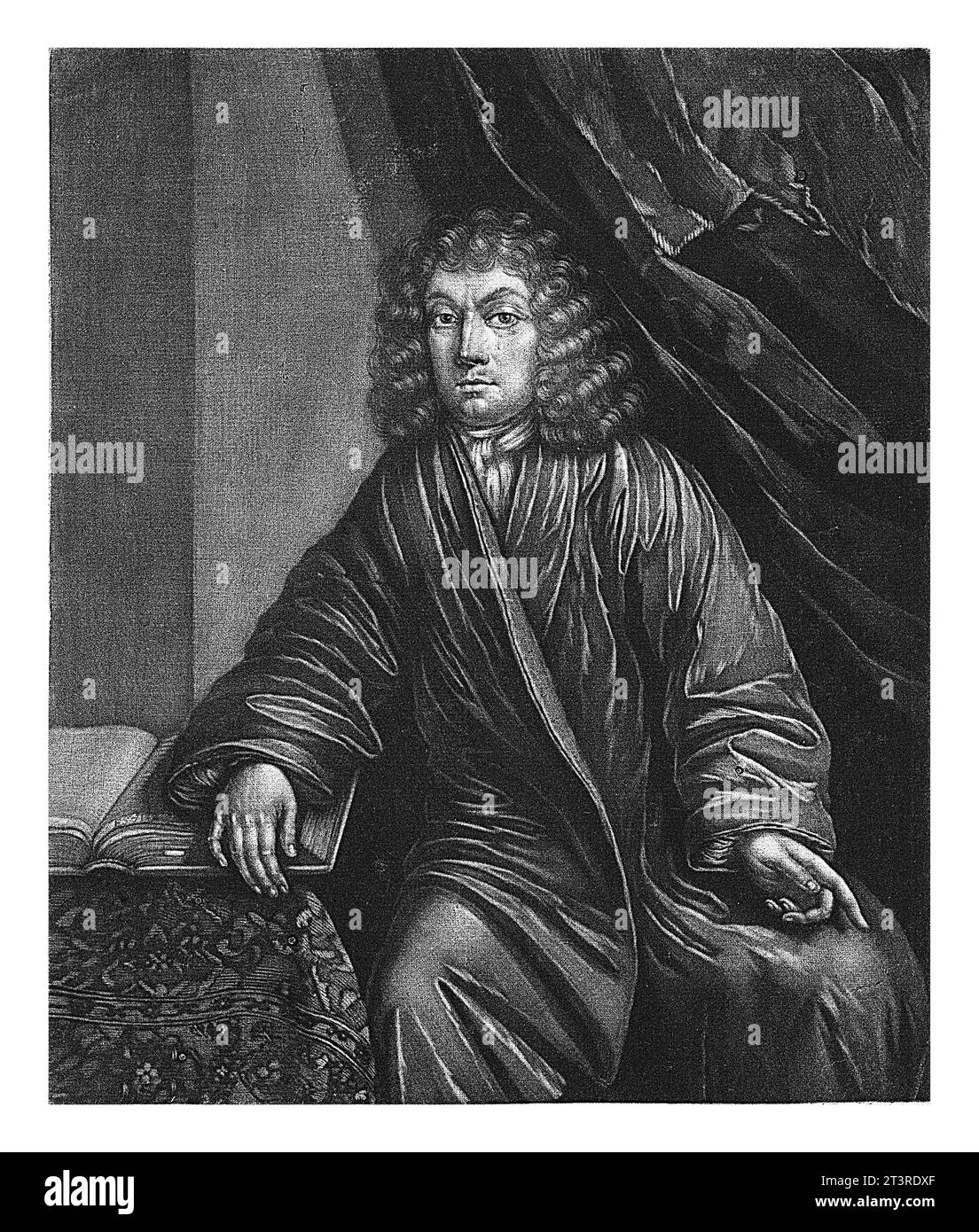 Portrait de Gerard van der Port, Pieter Schenk (I), 1670 - 1713 le prédicateur Gerard van der Port. Il pose son bras sur un livre ouvert. Banque D'Images