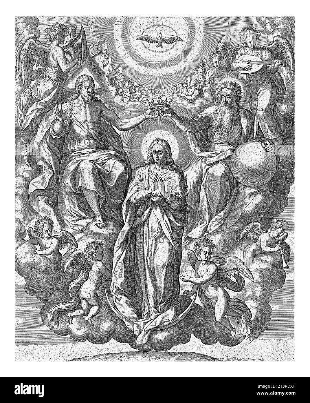 Au ciel, Marie est couronnée par Christ et Dieu le Père. Au-dessus d'eux, le Saint-Esprit sous la forme d'une colombe. Ils sont entourés d'anges. Banque D'Images