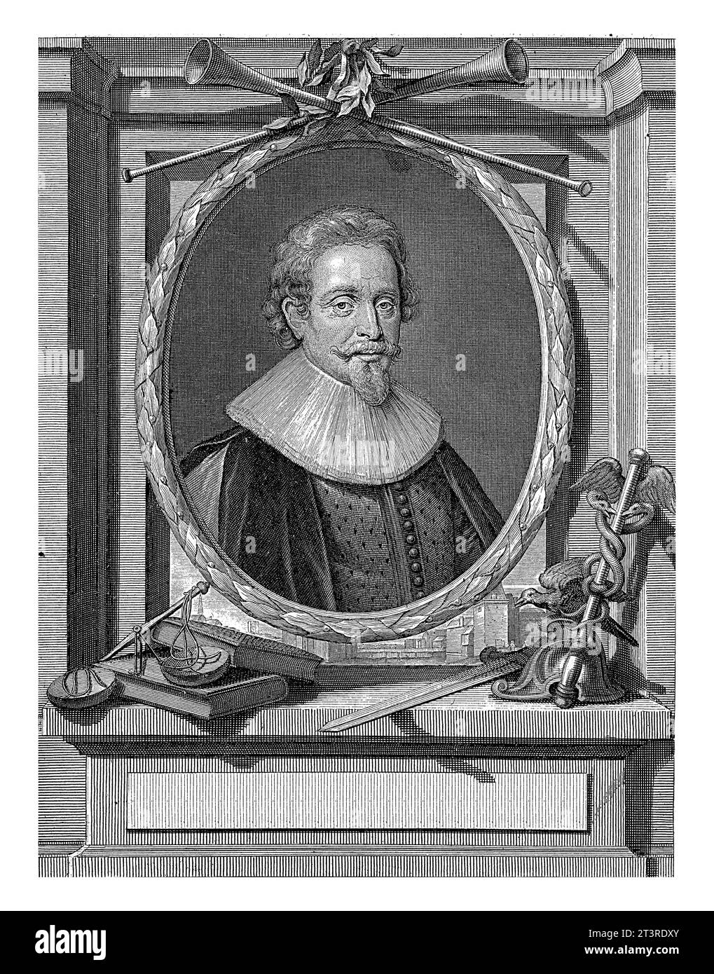 Portrait de Hugo de Groot, Pieter van Gunst, d'après Michiel Jansz van Mierevelt, 1710 - 1731 Hugo de Groot, érudit néerlandais. Au-dessus du portrait deux trump Banque D'Images
