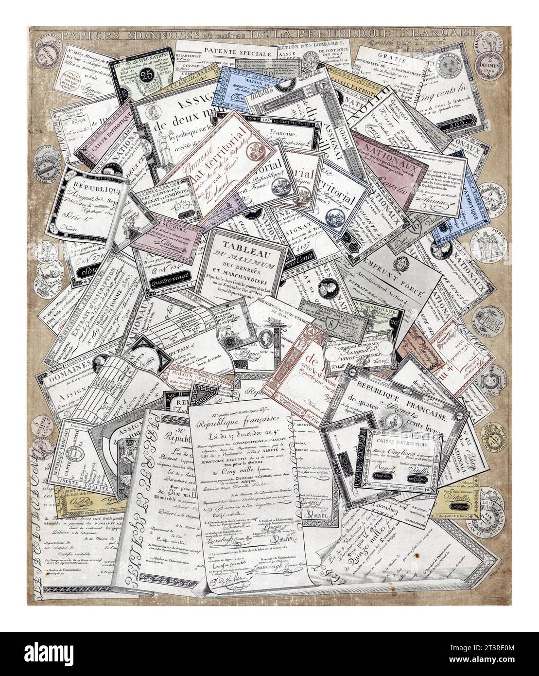 Papier-monnaie français et à droite et à gauche sur le côté des pièces françaises. Banque D'Images