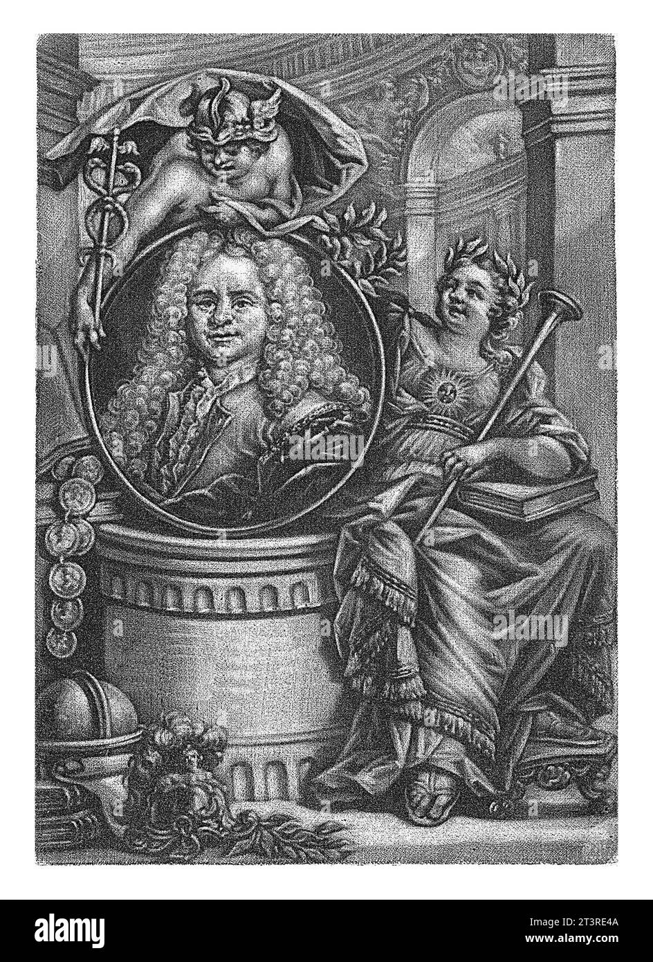 Portrait de Mattheus Brouerius van Nidek, Arnoud van Halen, 1673 - 1732 Portrait allégorique de l'historien et poète Mattheus Brouerius van Nidek. Banque D'Images