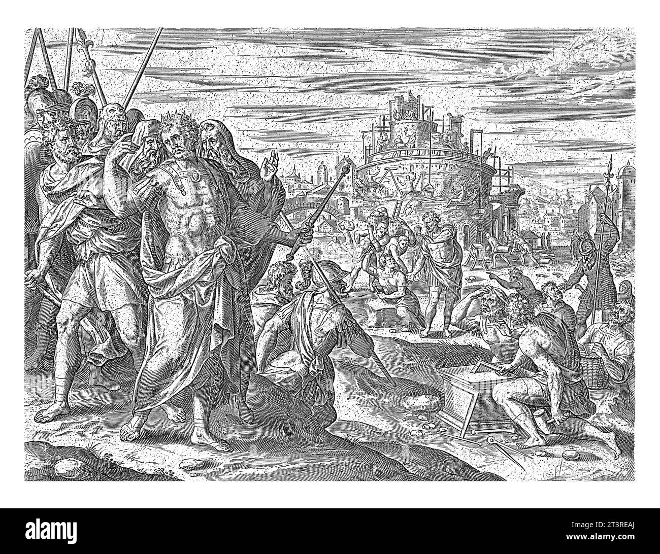 Salomon fit construire le temple, Hans Collaert (I) (attribué à), après Jan Snellinck (I), 1596 - 1643 le roi Salomon fit construire le temple à Jérusalem. Banque D'Images