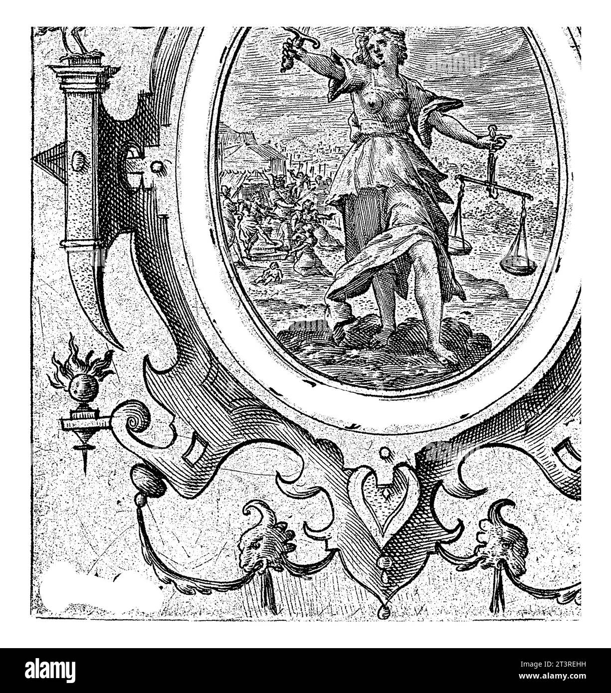 Justice, Crispijn van de passe (I), 1574 - 1637 Paysage avec la personnification féminine de la Justice (Justitia), une des quatre vertus cardinales. Banque D'Images