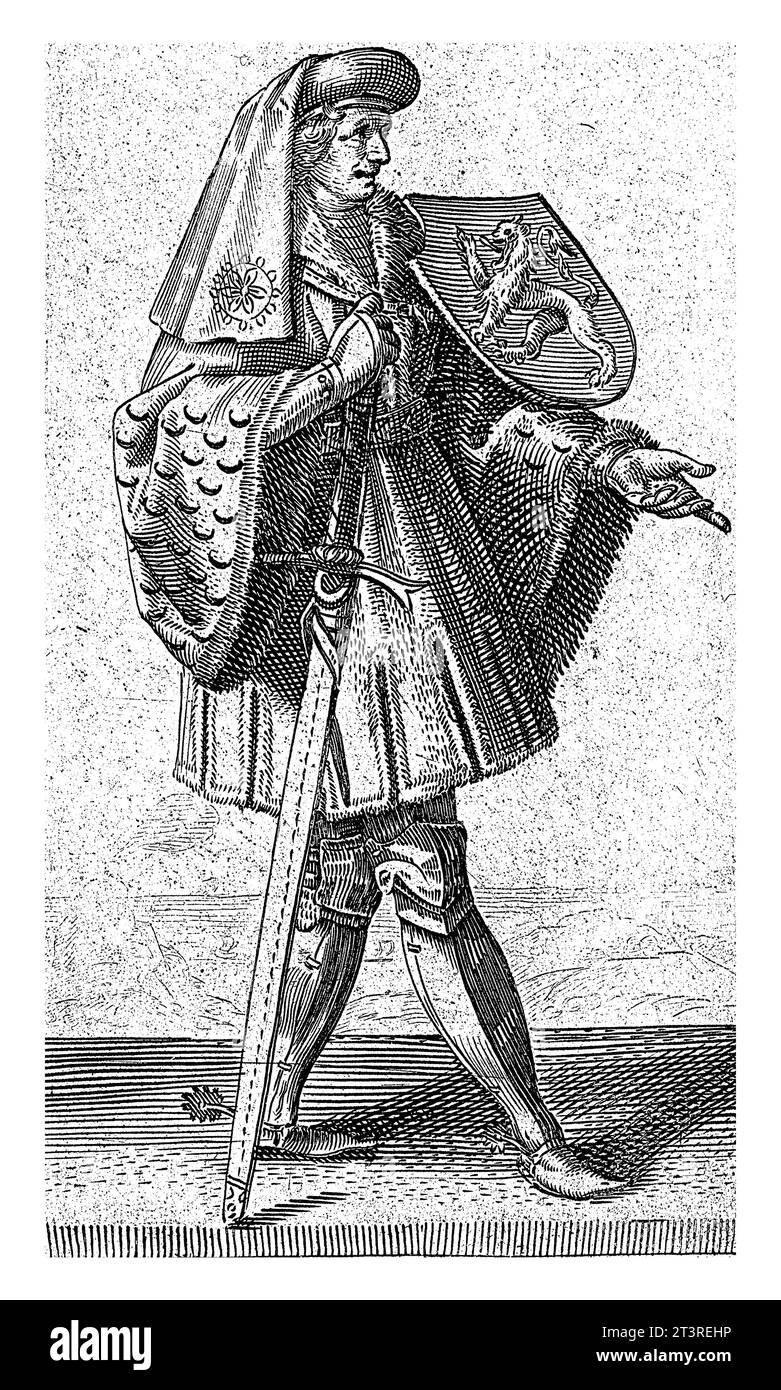 Portrait de Jan Ier, comte de Hollande, Adriaen Matham, 1620 Portrait de Jan Ier, comte de Hollande, debout à droite en armure avec les armoiries de Banque D'Images