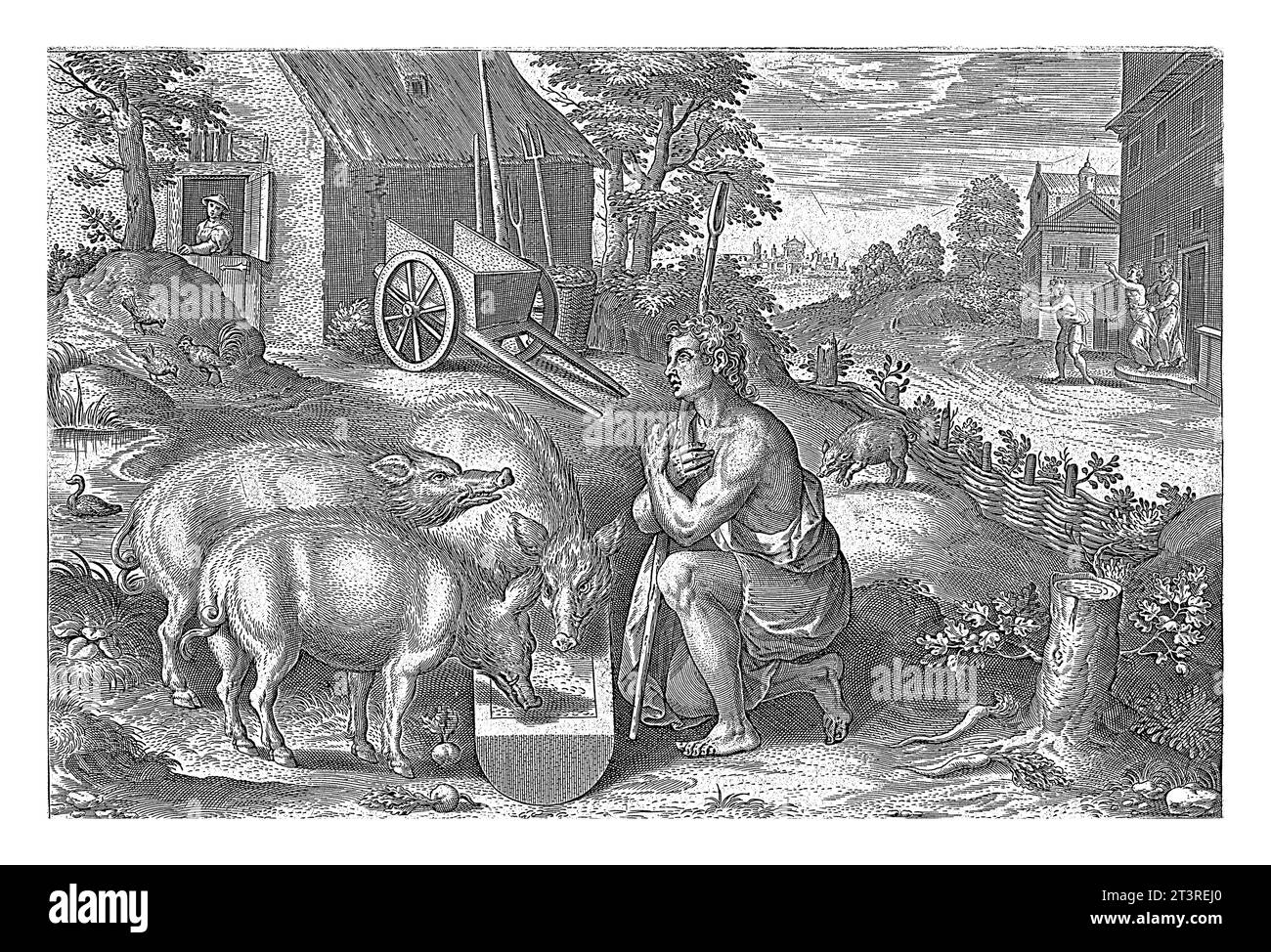 Le fils prodigue en tant que troupeau d'andains, Hans Collaert (I), d'après Crispijn van den Broeck, 1646 le fils prodigue a gaspillé son héritage et travaille pour Banque D'Images