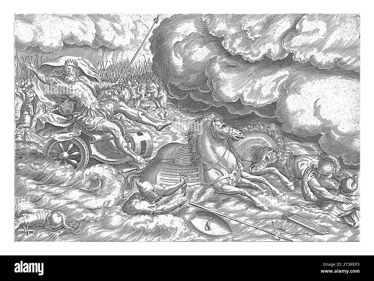 Destruction de l'armée égyptienne dans la mer Rouge, Johannes Wierix, après Marten van Cleve (I), 1639 tandis que l'armée égyptienne traverse la mer Rouge, Moïse Banque D'Images