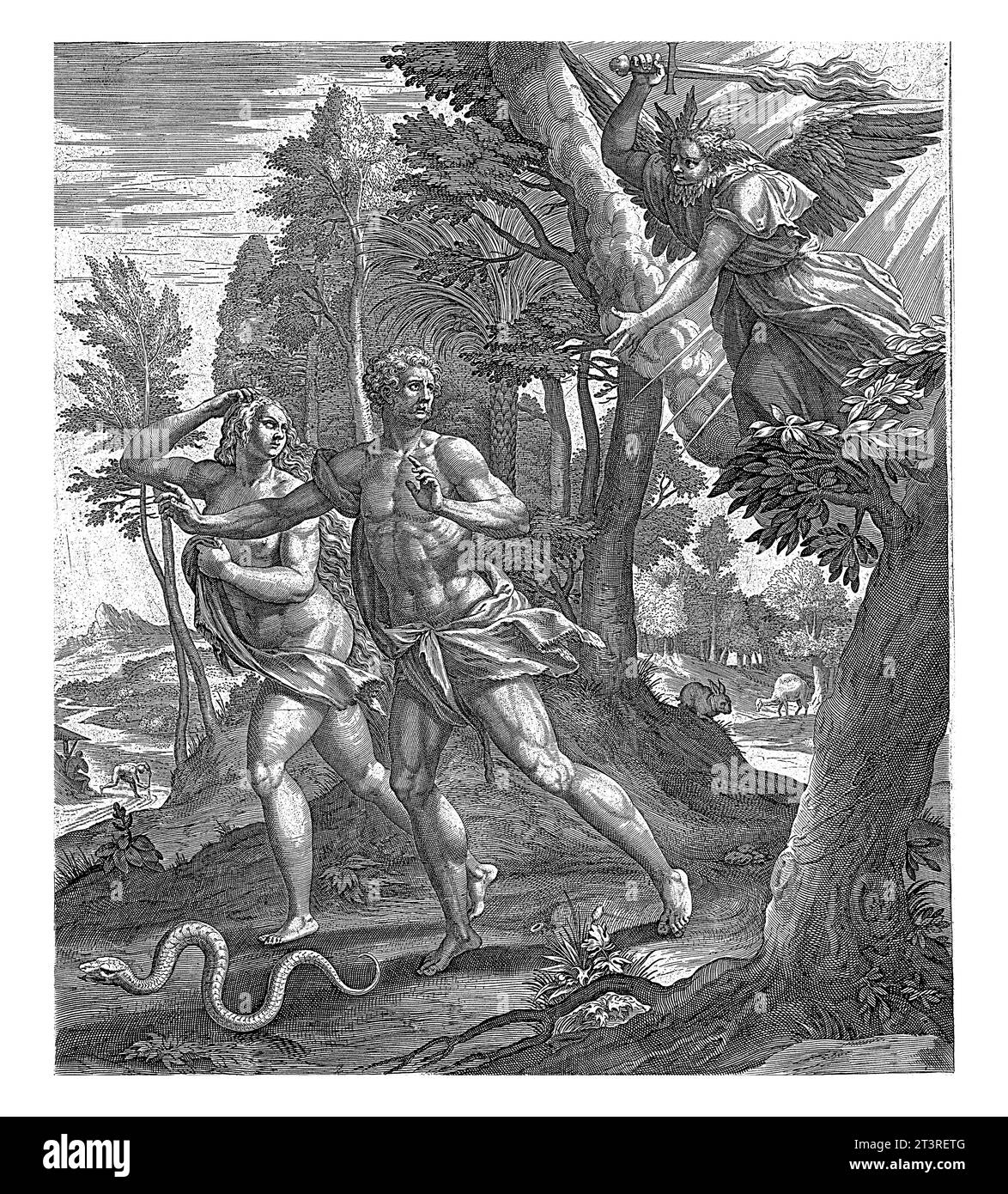 Expulsion du Paradis, Raphaël Sadeler (I), après Maerten de vos, 1583 Adam et Ève sont chassés du Paradis par l'ange avec l'épée flamboyante. Banque D'Images