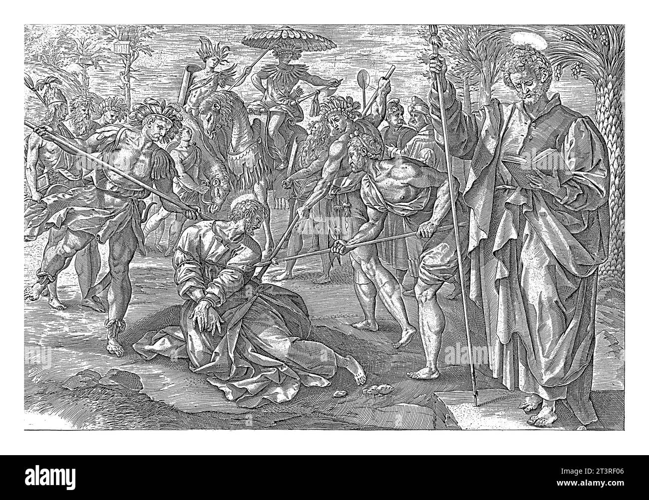 Martyre de Tomas, Hendrick Goltzius, d'après Maerten de vos, 1646 Tomas est poignardé à mort avec des lances par des Indiens. A droite de la scène de son m Banque D'Images