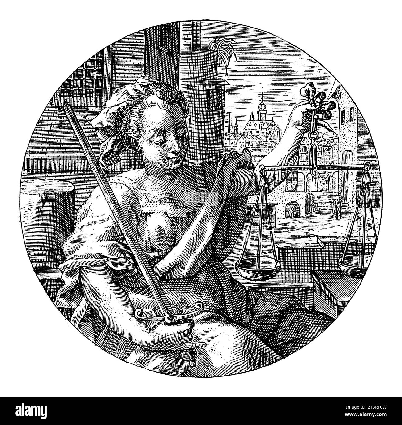 Justice, Crispijn van de passe (I), 1600 la personnification féminine de la Justice (Justitia), une des quatre vertus cardinales. Dans ses mains l'épée an Banque D'Images