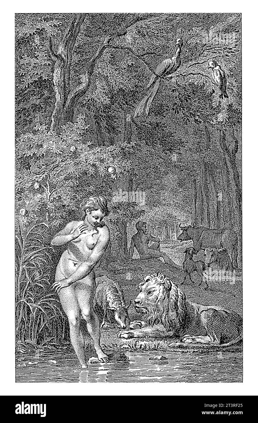 Jeune femme entre dans l'eau, Reinier Vinkeles (I), 1785 Une jeune femme se lève jusqu'aux chevilles dans un lac et semble prendre un bain. Sur le wat Banque D'Images