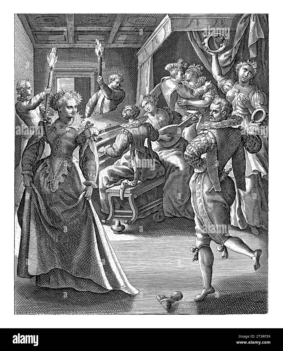 Les cinq vierges folles dansent et font de la musique, Crispijn van de passe (I), d'après Maerten de vos, 1589 - 1611 départ avec une élégante compagnie. Banque D'Images