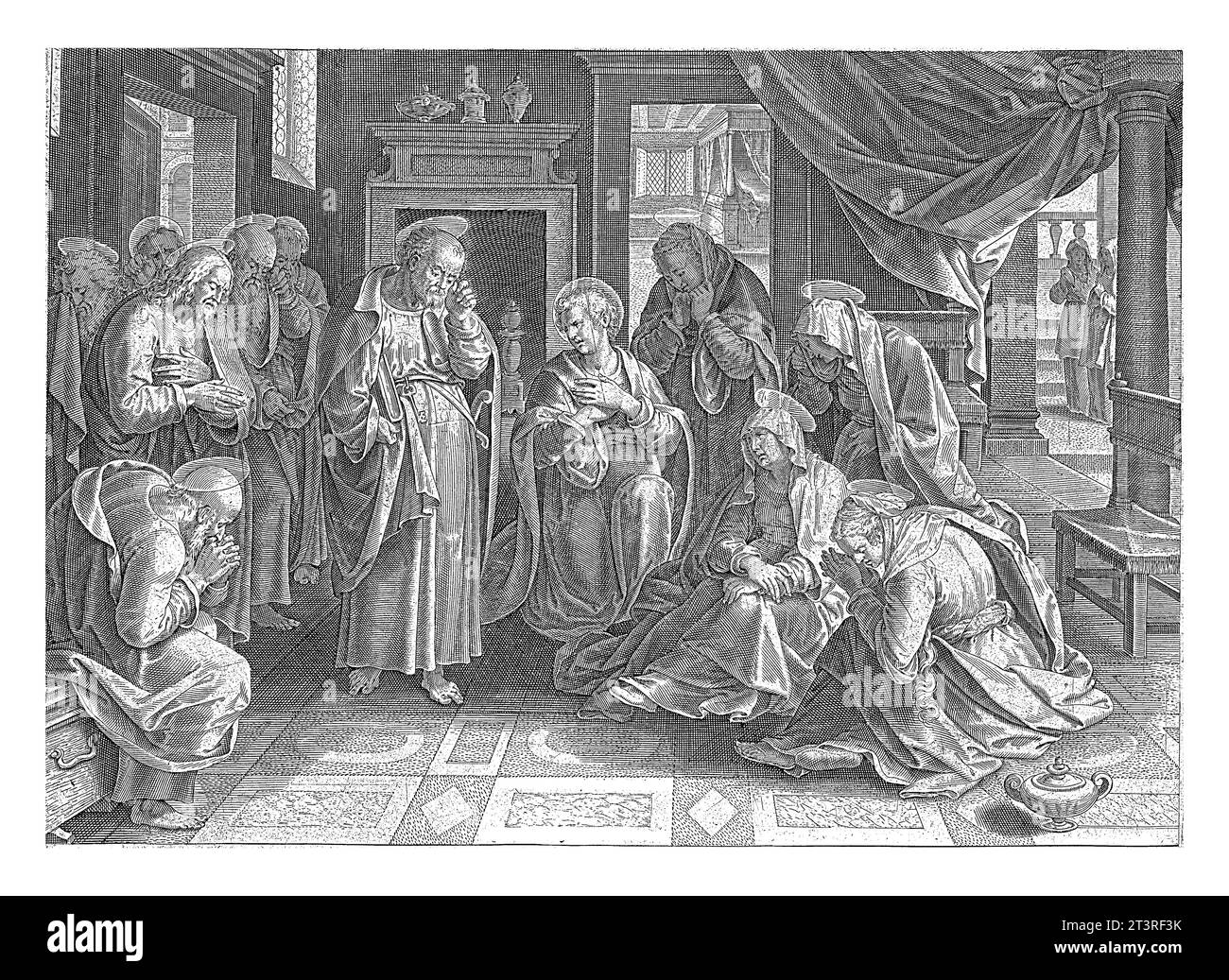 Marie et les Apôtres deuil pour le Christ, Philips Galle (attribué à l'atelier de), d'après Jan van der Straet, 1547 - 1612 au centre d'une vie Banque D'Images