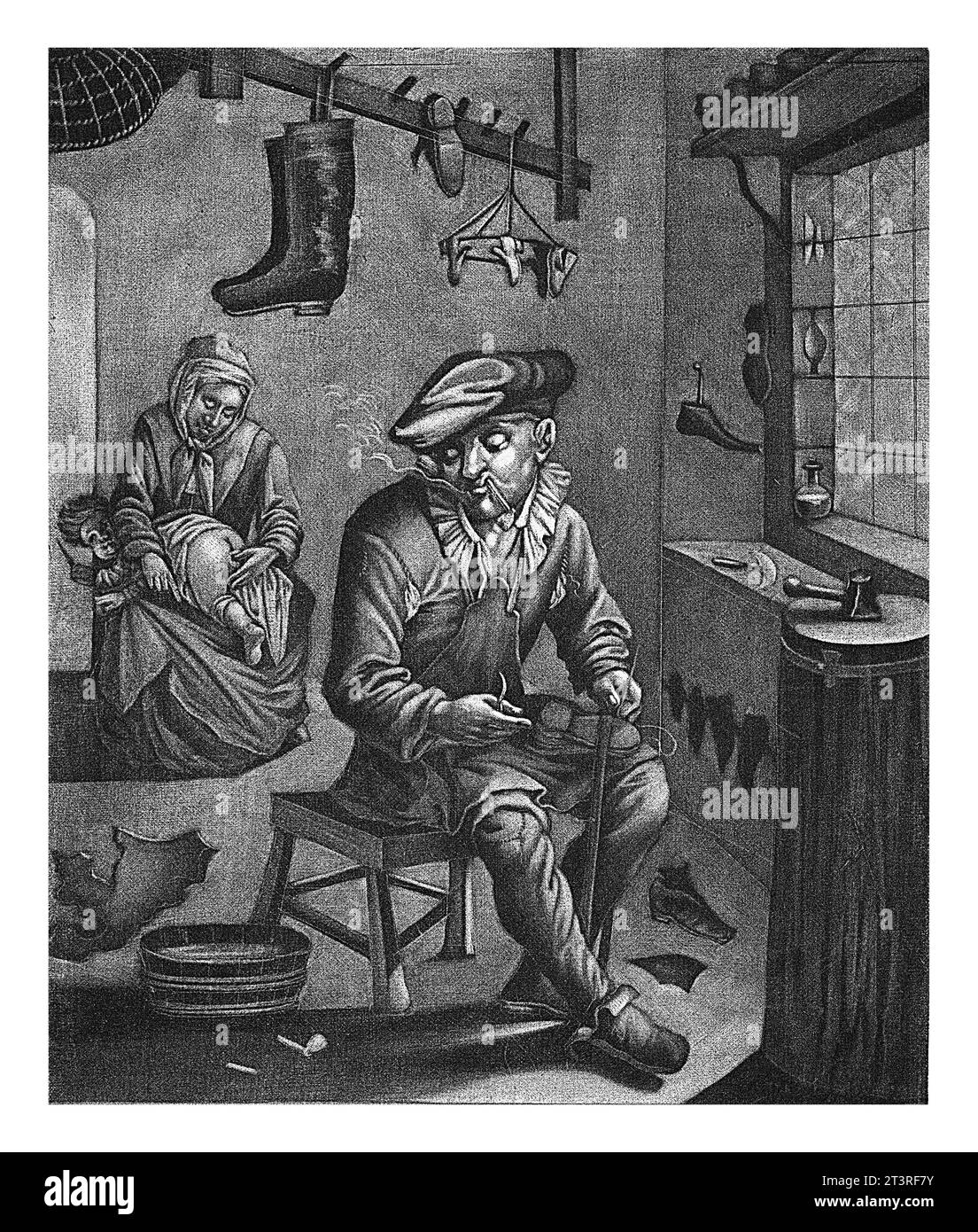 Cordonnier dans son atelier, Pieter van den Berge, 1686 - 1696 Un cordonnier travaille dans son atelier. Il répare une chaussure et fume une pipe. Banque D'Images Cordonnier dans son atelier, Pieter van den Berge, 1686 - 1696 Un cordonnier travaille dans son atelier. Il répare une chaussure et fume une pipe. Banque D'Images
