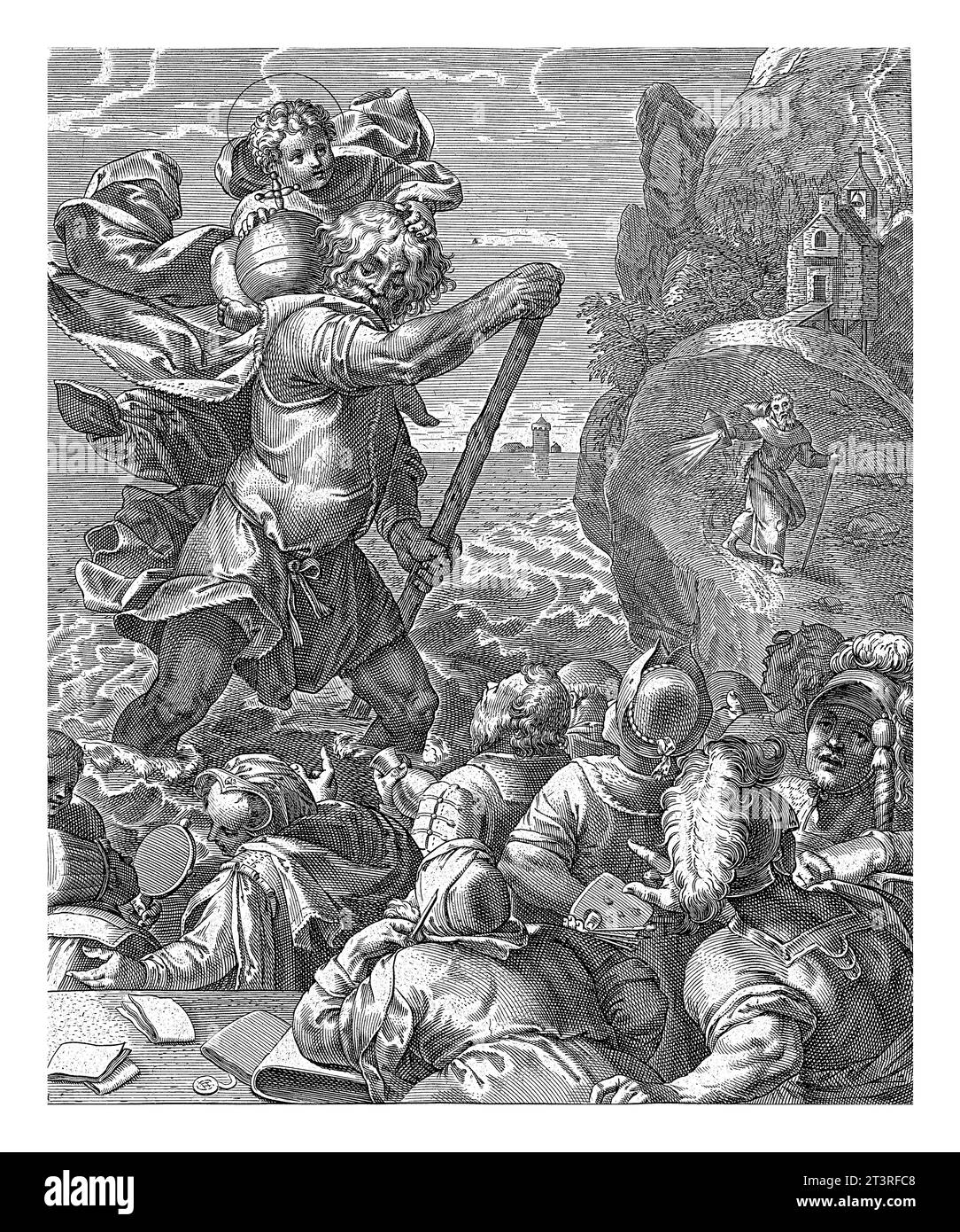 Saint Christophe et les spectateurs, Pieter de Jode (I), d'après Otto van Veen, 1590 - 1632 paysage vallonné avec une rivière turbulente. Saint Christopher Wades Banque D'Images