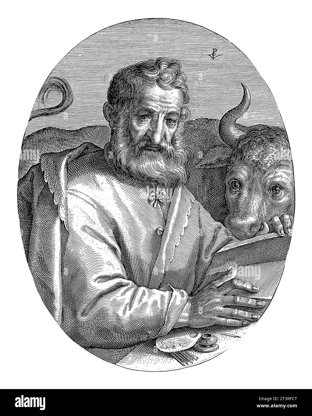 Evangéliste Luc, Crispijn van de passe (I), d'après Gortzius Geldorp, 1574 - 1637 buste de l'évangéliste Luc assis à une table avec sa peinture atti Banque D'Images