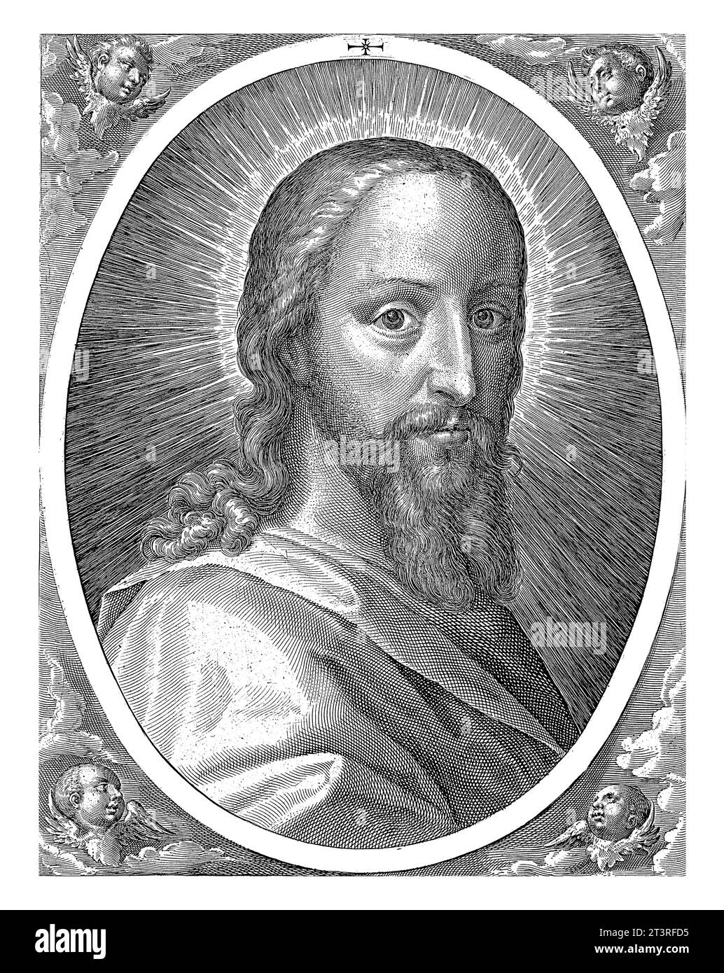 Buste du Christ, Crispijn van de passe (I), 1601 Christ, avec un halo autour de la tête. Le buste est placé dans un cadre avec une inscription en latin. Banque D'Images