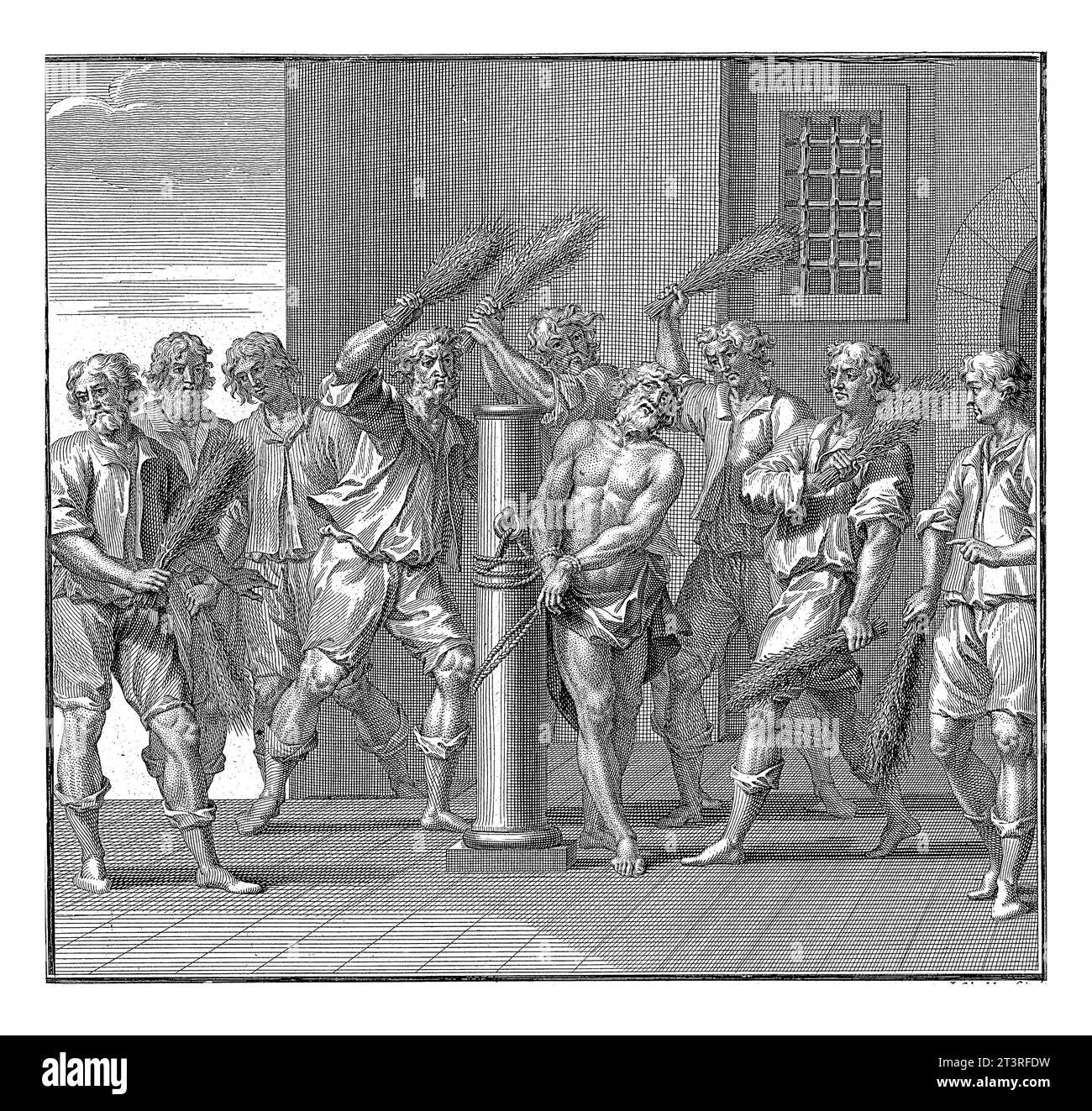 Flagellation d'un martyr, Jan Wandelaar, 1702 - 1759 Un martyr (Christ?) est attaché à un pilier et est fouetté par des hommes avec des fagots. Banque D'Images
