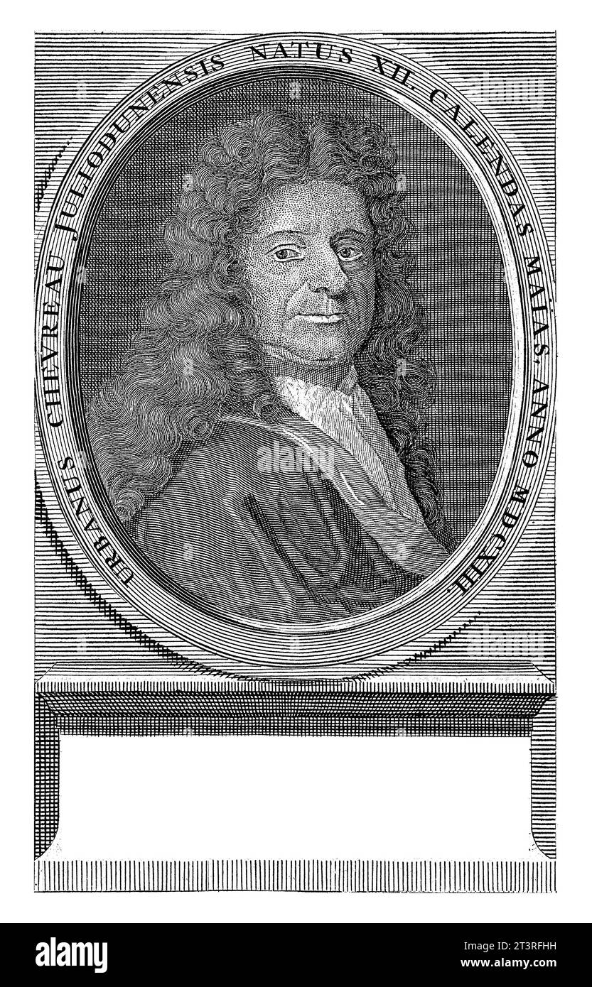 Portrait d'Urbanus chevreau, Pieter van Gunst, d'après Petitot, 1659 - 1731 Urbanus chevreau, historien et écrivain français. Banque D'Images
