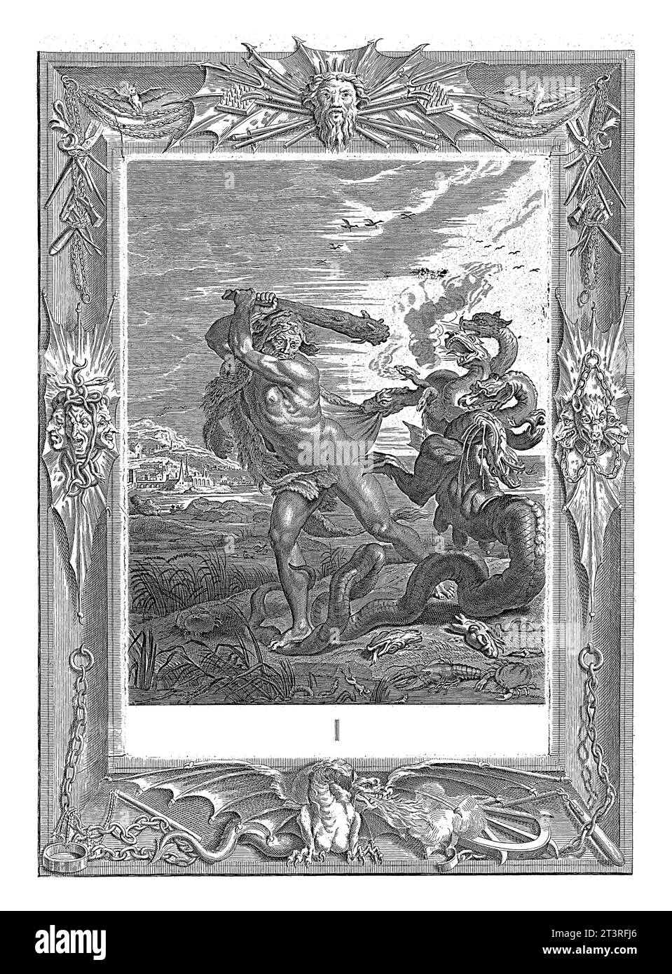 Hercule tue l'hydre de Lerna, Bernard Picart (atelier de), après Bernard Picart, 1731 Hercule attaque l'hydre de Lerna avec un bâton levé. Banque D'Images