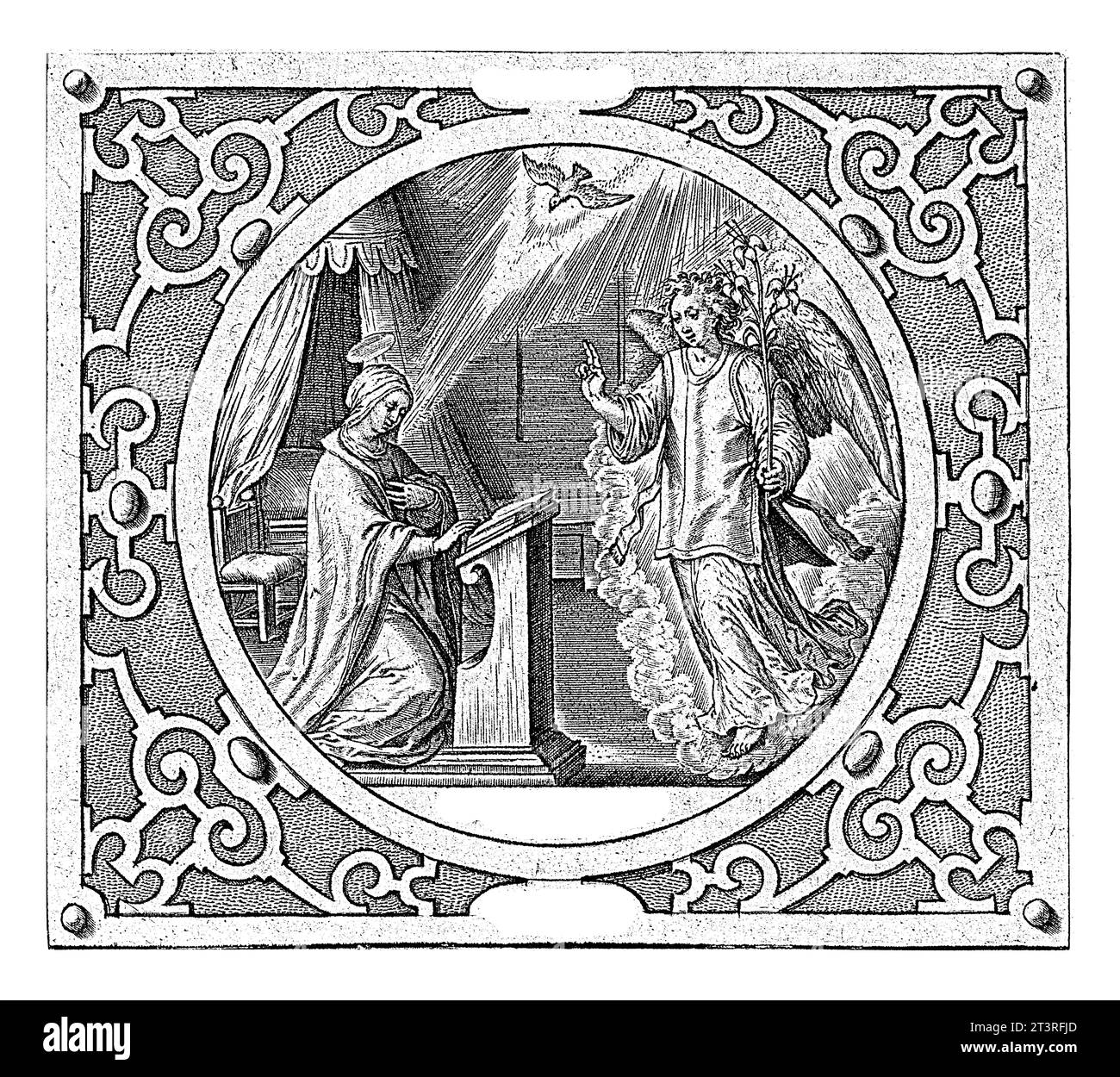 Annonciation (humilis), Hieronymus Wierix, 1563 - avant 1619 Marie est agenouillée derrière son lutrin. Elle reçoit la visite de l'ange Gabriel. Banque D'Images Annonciation (humilis), Hieronymus Wierix, 1563 - avant 1619 Marie est agenouillée derrière son lutrin. Elle reçoit la visite de l'ange Gabriel. Banque D'Images