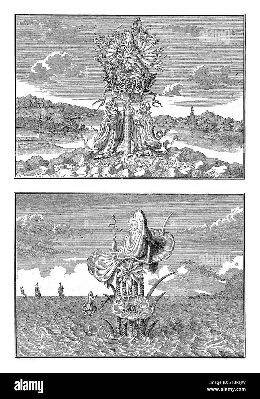 Déesse chinoise Puzza en deux formes, Bernard Picart (atelier de), après anonyme, 1726 feuille avec deux représentations de dieux chinois. Banque D'Images Déesse chinoise Puzza en deux formes, Bernard Picart (atelier de), après anonyme, 1726 feuille avec deux représentations de dieux chinois. Banque D'Images