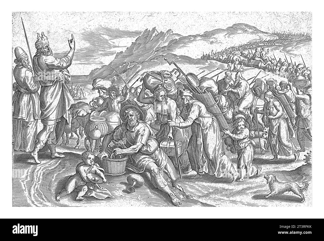 Exode d'Egypte, Johann Sadeler (I), d'après Marten van Cleve (I), 1639 au premier plan Moïse et Aaron accompagnant leur peuple à la promise Banque D'Images