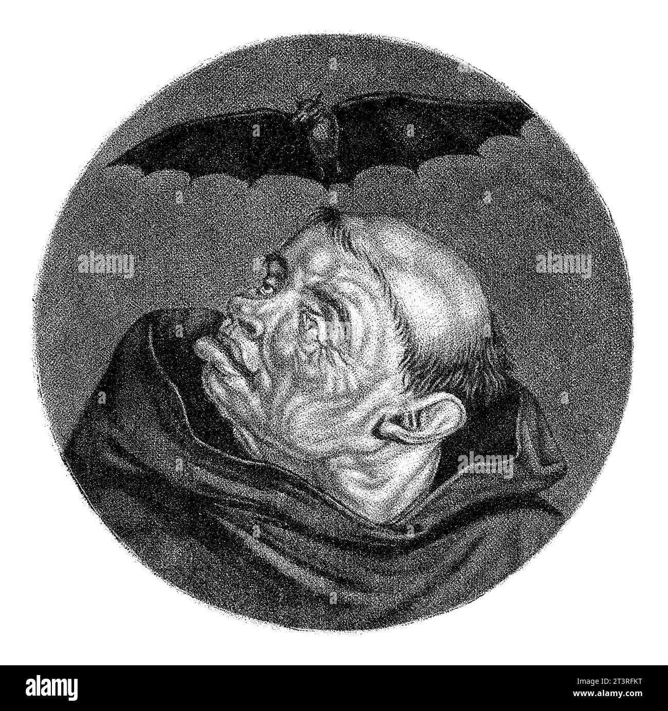 Moine et chauve-souris, Jacob Gole, d'après Cornelis Dusart, 1693 - 1700 Une chauve-souris survole la tête d'un moine. L'estampe fait partie d'une série de caricatures de la Fre Banque D'Images