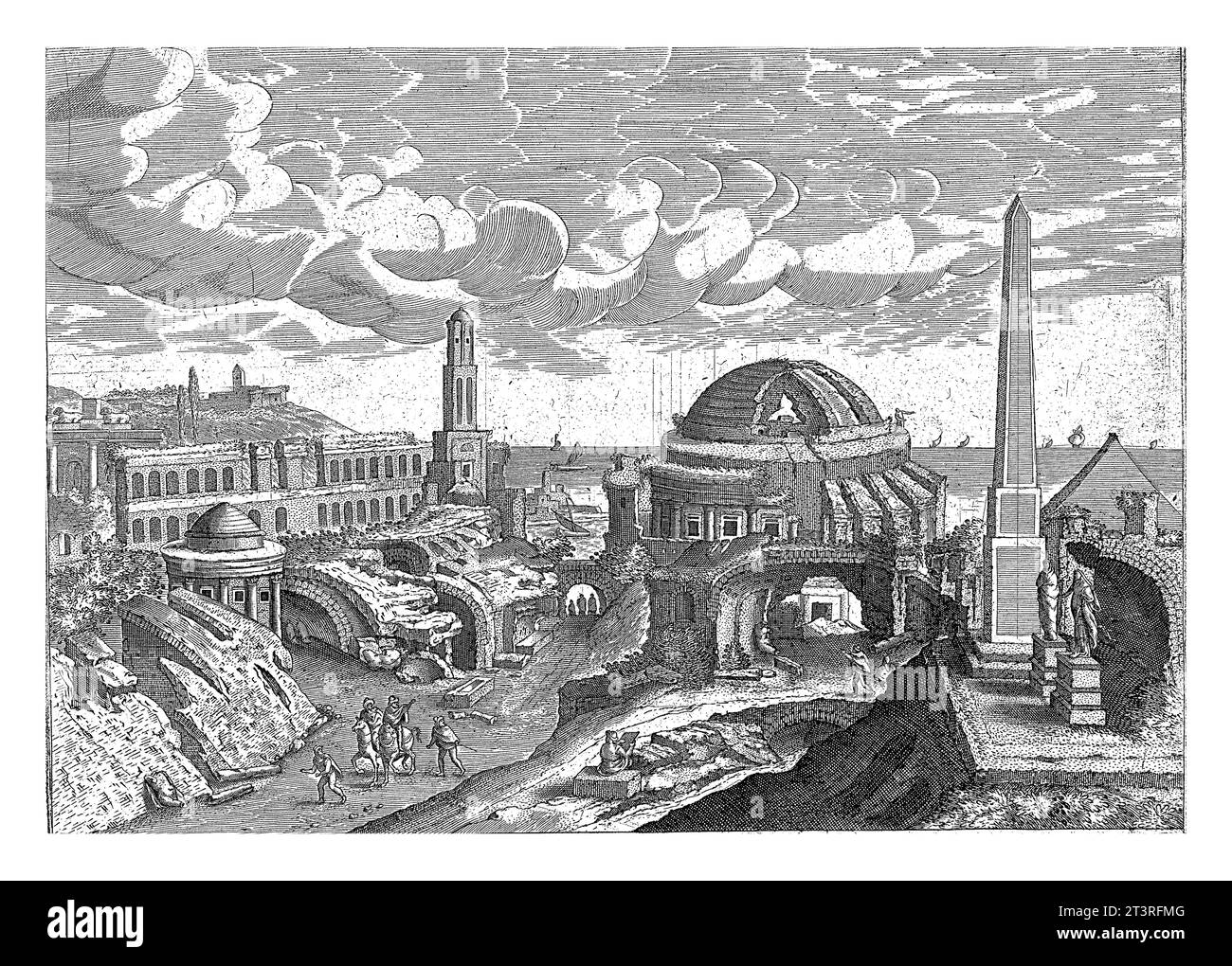 Paysage avec les ruines d'un temple, Adriaen Collaert, d'après Hendrick van Cleve, 1587 au premier plan, promeneurs et cavaliers passent devant les ruines d'un rou Banque D'Images