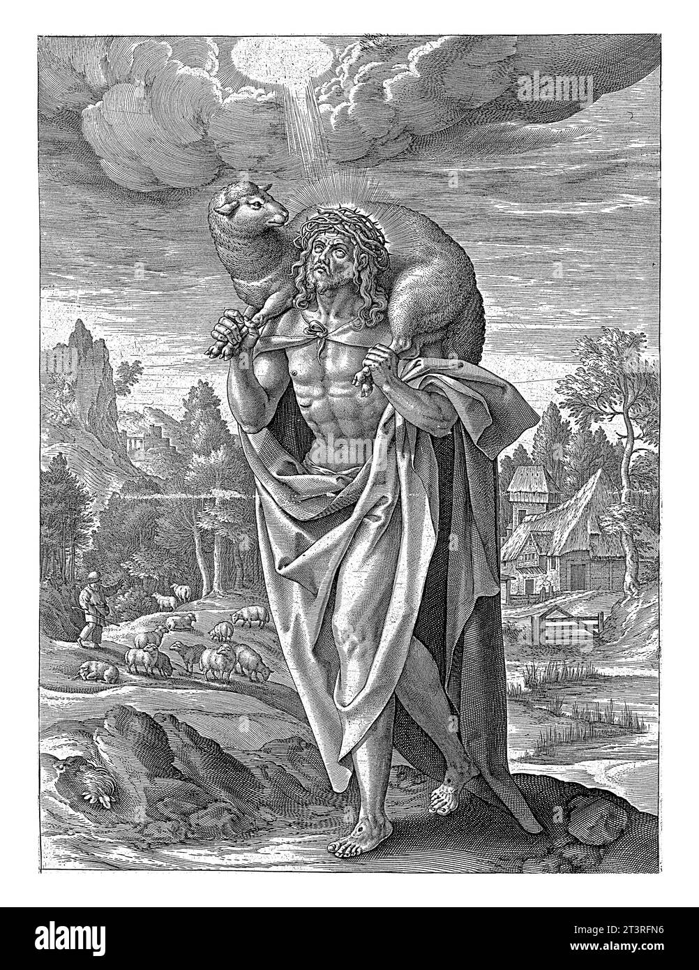 Christ bon Pasteur, Hieronymus Wierix, d'après Maerten de vos, 1563 - avant 1611 Christ porte un agneau sur ses épaules, sur sa tête la couronne de Banque D'Images