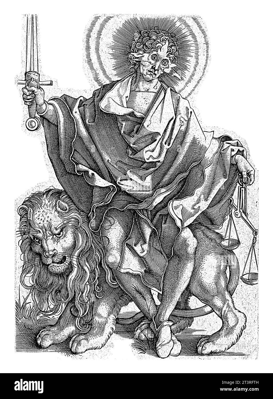 Soleil de Justice (sol justitiae), Hieronymus Wierix, d'après Albrecht durer, 1566 Justice comme dieu soleil, avec une épée dans une main et des écailles dans l'autre Banque D'Images