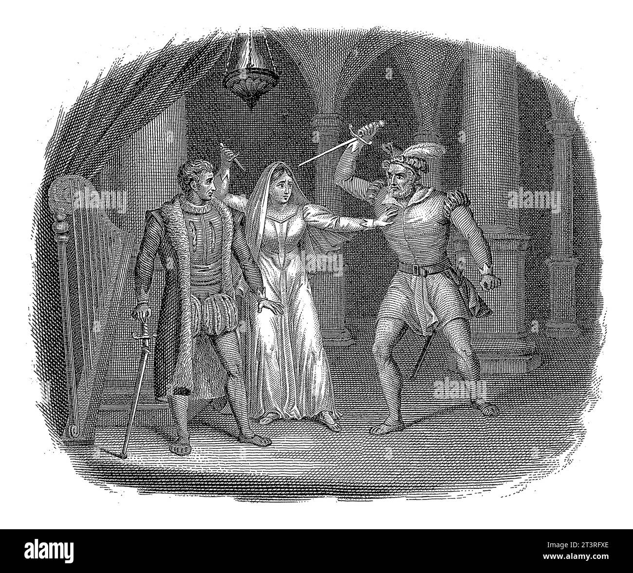 ELVIRE empêche Valeros de tuer Hugo, Walraad Nieuwhoff, après A. Bakker, 1831 ELVIRE, avec un poignard levé, arrête Valeros, qui tente de poignarder un cygne Banque D'Images