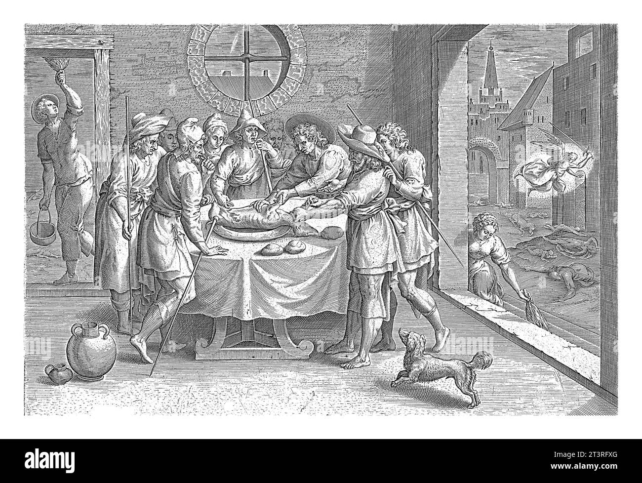 Pâques et la dixième peste d'Egypte, Johann Sadeler (I), d'après Marten van Cleve (I), 1639 l'intérieur d'une maison. Au premier plan une famille juive Banque D'Images