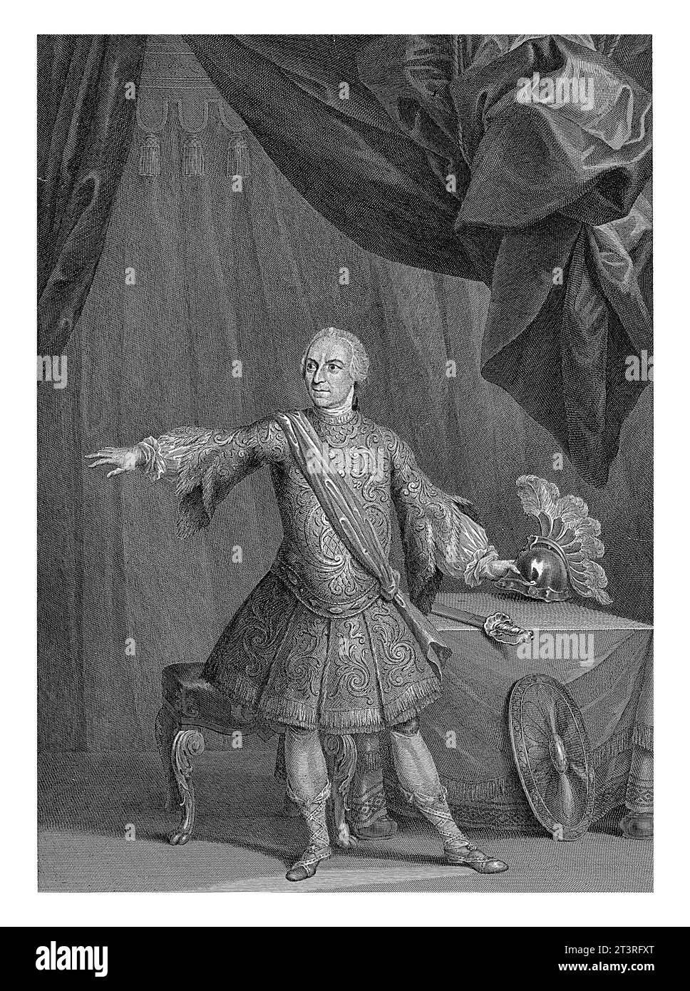 Jan Punt : Achilles, Jan Punt, 1770 Jan Punt : acteur sur scène dans le rôle d'Achilles. Il se tient près d'une table contre laquelle son bouclier s'appuie. Banque D'Images