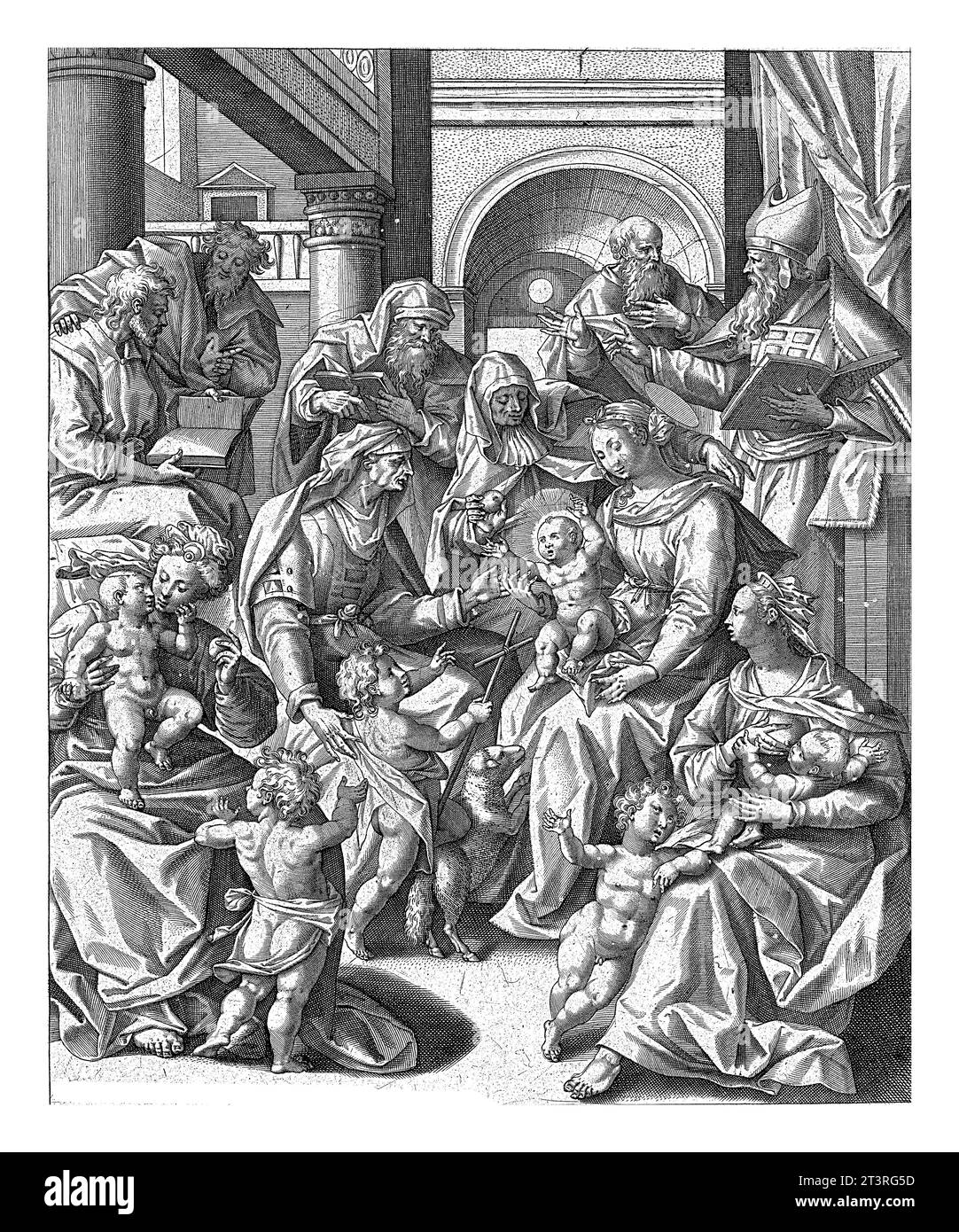 Famille de Marie, Jan Collaert (II), d'après Maerten de vos, 1590 Marie avec l'enfant Christ sur ses genoux. Elle est entourée de sa famille. Sainte Anne donne Banque D'Images