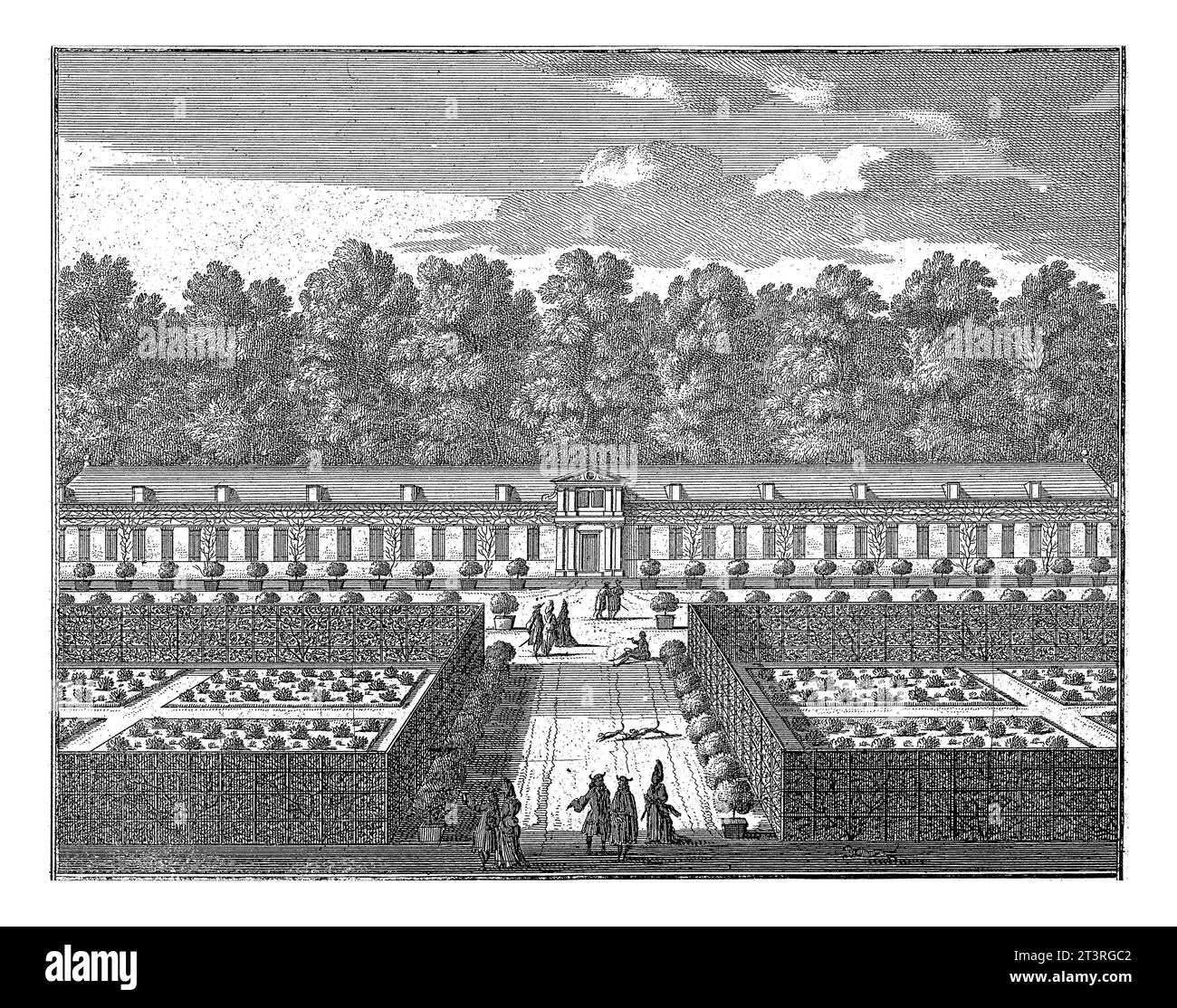 Orangerie au Palais Honselaarsdijk, Carel Allard (attribué à), 1689 - 1702 Orangerie au Palais Honselaarsdijk avec des groupes de marcheurs devant le Banque D'Images