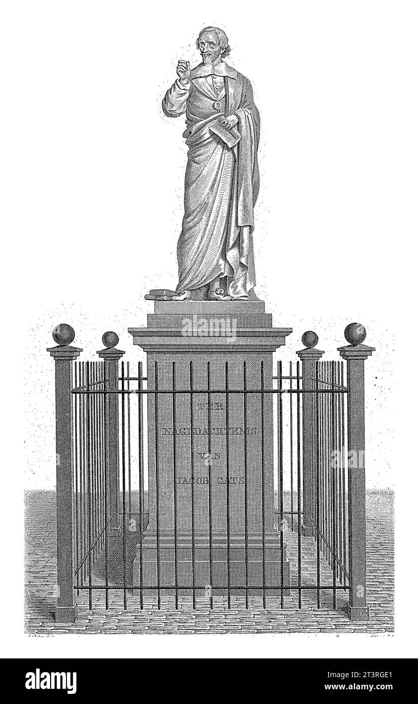 La statue de Jacob Cats érigée en 1829 à Brouwershaven. La statue des chats se dresse sur un haut piédestal entouré d'une clôture. Statue de Jac Banque D'Images