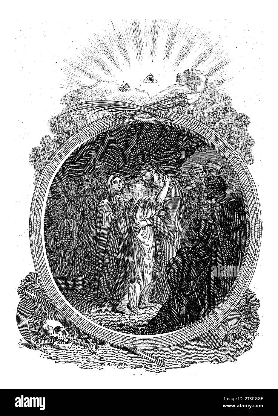 Judas embrasse Christ, Philippus Velijn, d'après Cornelis Kruseman, 1821 parmi les nombreux personnages qui regardent, Judas embrasse Christ. Au-dessus de l'image un éteint Banque D'Images