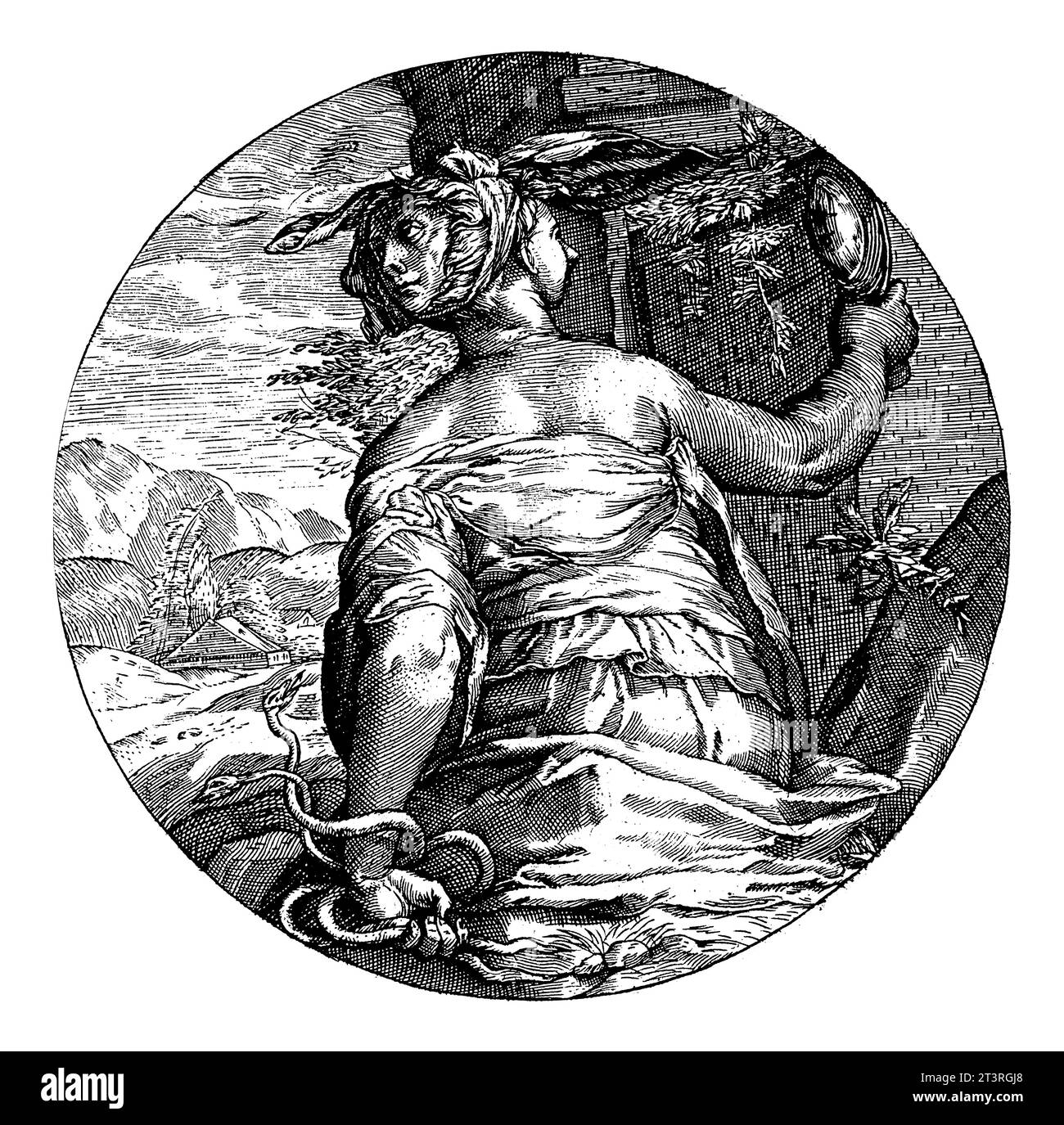 Prudence, Crispijn van de passe (I), 1600 personnification féminine de la prudence (Prudentia), une des quatre vertus cardinales, avec une tête de Janus. Banque D'Images