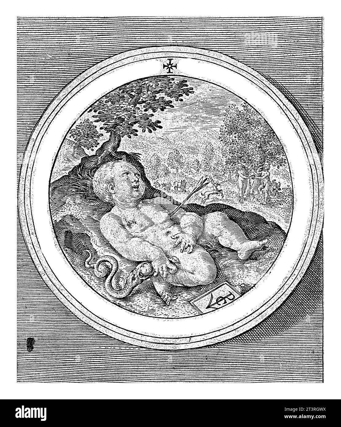 Putto au coeur percé, Crispijn van de passe (I), 1594 Médaillon au putto au coeur percé d'une flèche. En arrière-plan paradis avec Eve Banque D'Images